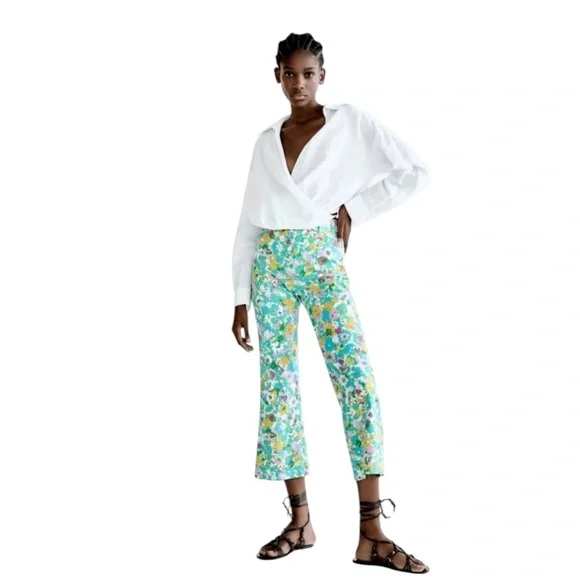 Women's Zara Floral Printed Linen Blend‎ Flare Trousers  Size 4 New with Tags - Picture 2 of 14